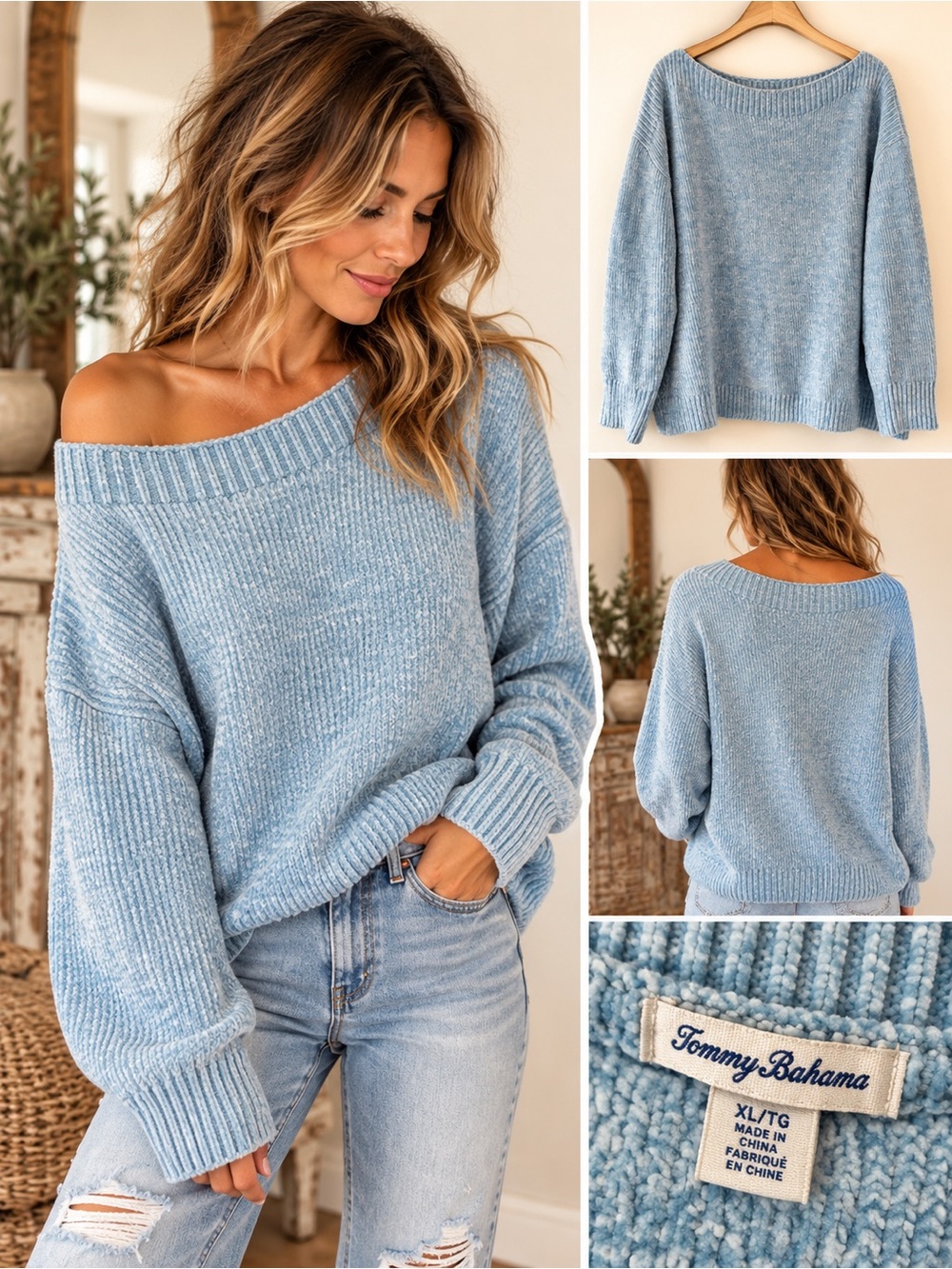 Tommy Bahama Luna Boatneck Sweater Light Blue Size XL